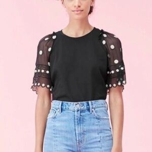 Rebecca Taylor Black Sheer Polka Dot Top Embroidered Jersey Short-Sleeve Shirt